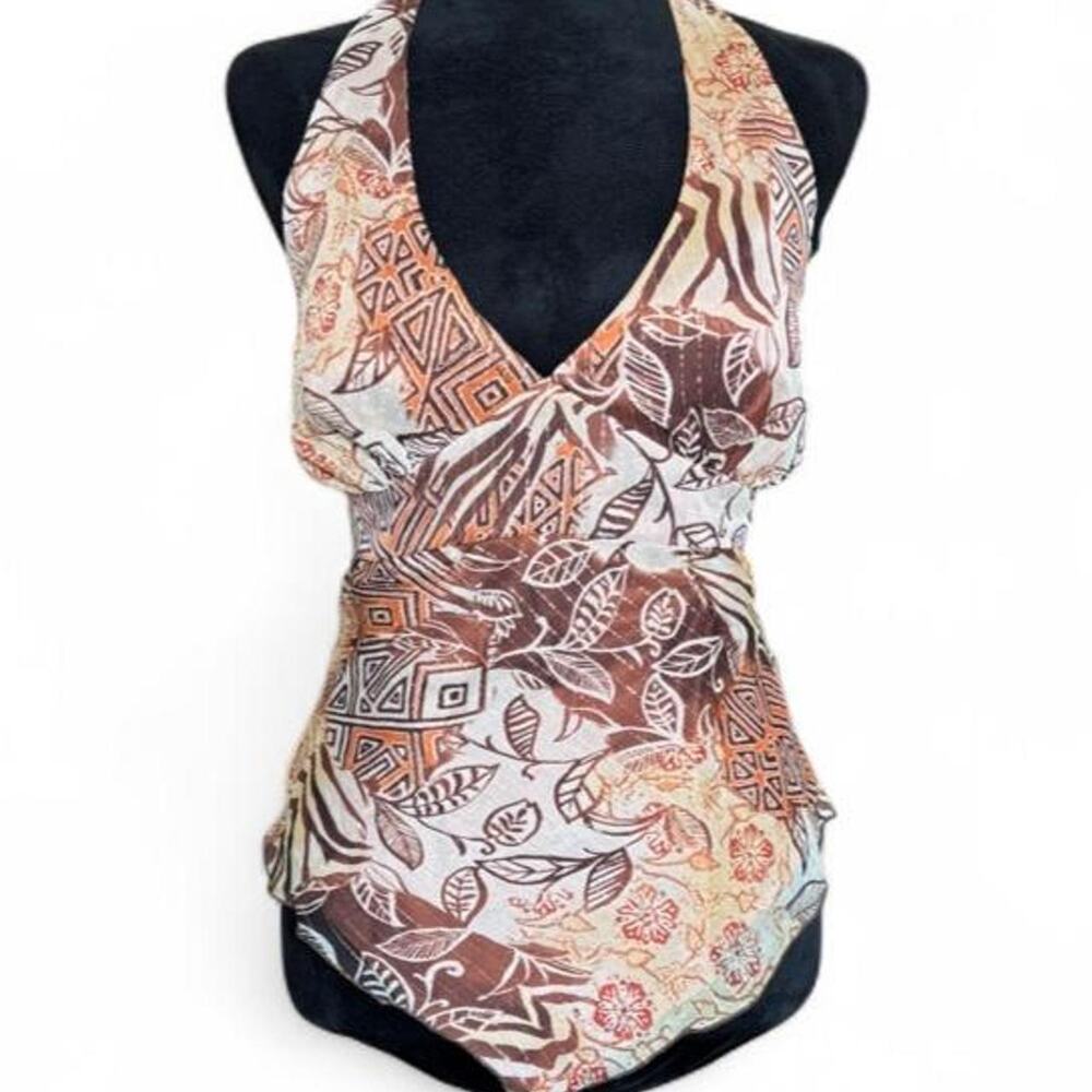 True Vintage Cache Brown Silk Halter Top – Boho Asymmetrical M/L